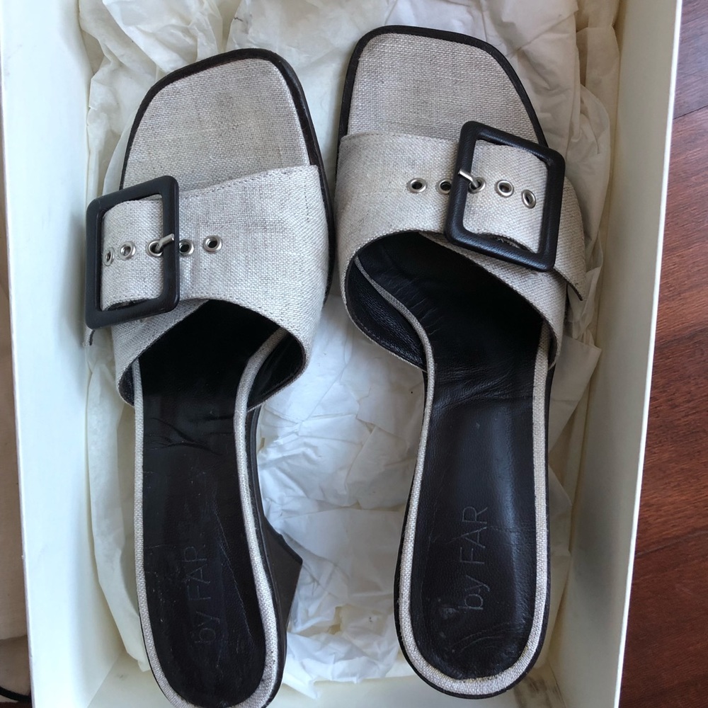 BY FAR White Silvia 65 Linen Buckle Mules 38